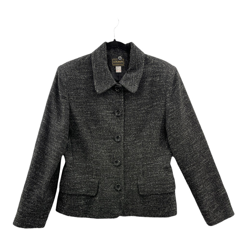 Louben Womens Jacket Coat Black White Marled Collared Lined Buttons Pockets 10